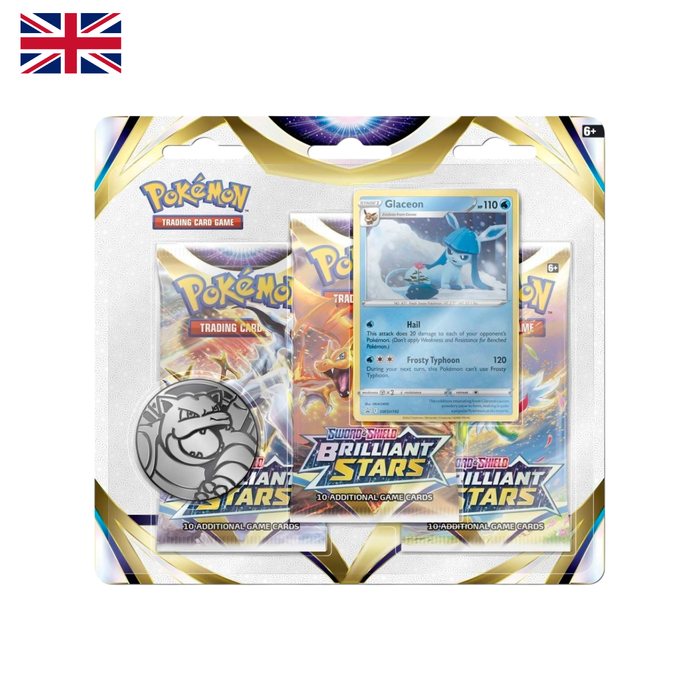 Pokémon: Sword & Shield-Brilliant Stars 3 Booster Packs, Coin & Glaceon Promo Card